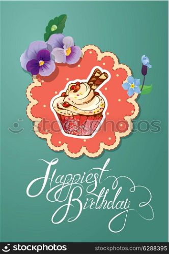 Holiday card with decorated sweet cupcake, flovers, vintage frames and calligraphic text Happiest Birthday
