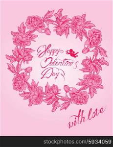 Holiday card with floral elements, flowers, angel, calligraphic handwritten text Happy Valentines Day, with love on pink background.