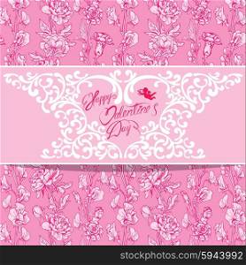 Holiday card with floral elements, flowers, angel, heart, frame, calligraphic handwritten text Happy Valentines Day on pink background.