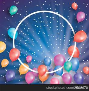 Holiday card with flying balloons and white frame. Vector illustration. Template for different holidays with copy space.