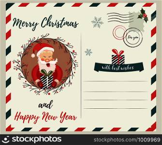 Holiday card with funny Santa Claus and decorative garland