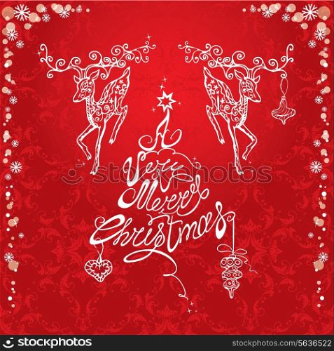Holiday card with hand drawn illustration of reindeers and hand written text A very Merry Christmas on red ornamental background.