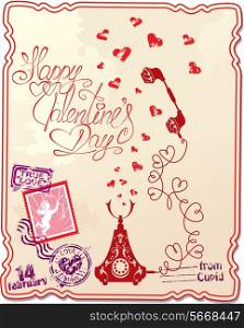 Holiday card with hand written text Happy Valentine`s Day with retro telephone, hearts and stamp in vintage style.