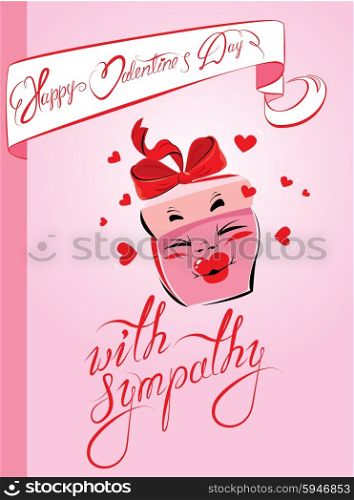 Holiday card with pretty pink gift box cartoon and handwritten texts - Happy Valentines Day, with simpathy on pink background.
