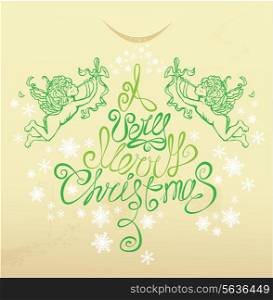 Holiday card with with hand drawn illustration of angels hand written text A very Merry Christmas on beige background.