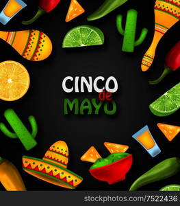 Holiday Celebration Banner for Cinco De Mayo with Chili Pepper, Sombrero Hat, Maracas, Mexican Food, Cactus - Illustration Vector. Holiday Celebration Banner for Cinco De Mayo with Chili Pepper, Sombrero Hat, Maracas, Mexican Food, Cactus