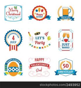 Holiday celebration emblems set with birthday Christmas and Easter symbols flat isolated vector illustration . Holiday Celebration Emblems Set