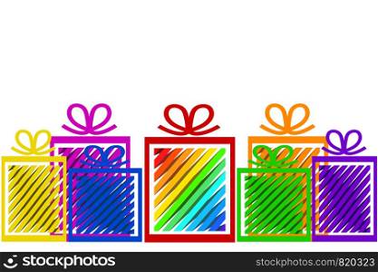 Holiday celebration greeting card design with colorful gift boxes; stock vector illustration