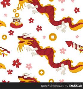 Holiday celebration in asia, chinese dragon and firecracker, coins and blossom of flowers. Prosperity and wellness, mythology and culture. Seamless pattern, background or print, vector in flat style. Chinese dragon and firecracker holiday celebration