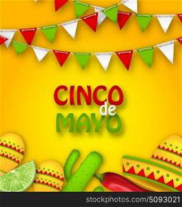 Holiday Celebration Poster for Cinco De Mayo. Illustration Holiday Celebration Poster for Cinco De Mayo with Chili Pepper, Sombrero Hat, Maracas, Piece of Lime, Cactus. Bunting Adornment with Traditional Mexican Colors - Vector