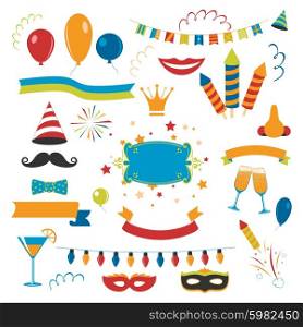 Holiday Celebration Set. Holiday celebration set with fireworks champagne and decorations flat isolated vector illustration