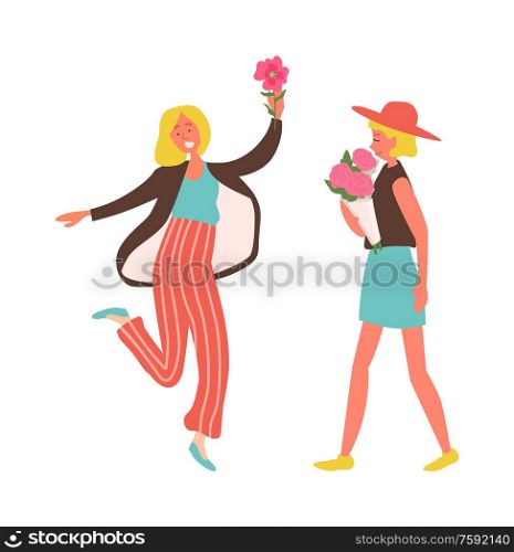 Holiday celebration vector, woman wearing stylish hat walking with roses bouquet gathered in wrapping. Female jumping of happiness isolated people. Happy Woman with Flowers, Jumping Lady on Holiday