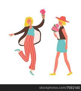 Holiday celebration vector, woman wearing stylish hat walking with roses bouquet gathered in wrapping. Female jumping of happiness isolated people. Happy Woman with Flowers, Jumping Lady on Holiday