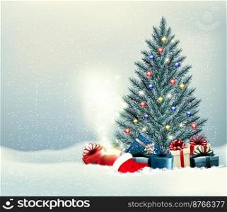 Holiday Christmas and Happy New Year background with a winter   hristmas tree, colorful presents and magic box. Vector. 