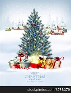 Holiday Christmas and Happy New Year background with a winter   hristmas tree, colorful presents and magic box. Vector. 