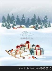 Holiday Christmas and Happy New Year background with a winter landscape and sledge with christmas colorful presents and a red bullfinch. Vector.