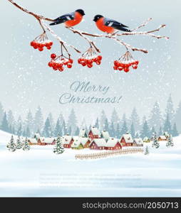 Holiday Christmas and Happy New Year background with a winter landscape and village and red bullfinch. Vector.