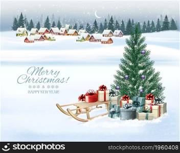 Holiday Christmas and Happy New Year background with a winter village and christmas trees, winter sledge and colorful presents. Vector.