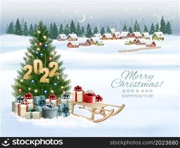 Holiday Christmas and Happy New Year background with a winter village and christmas tree, winter sledge and colorful presents. Vector.