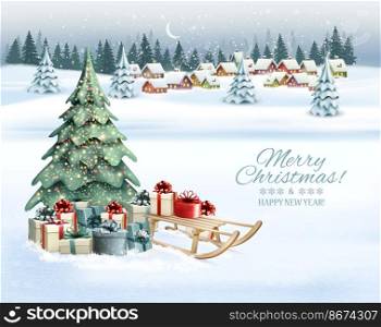 Holiday Christmas and Happy New Year background with a winter village and  christmas trees, winter sledge and colorful presents. Vector. 