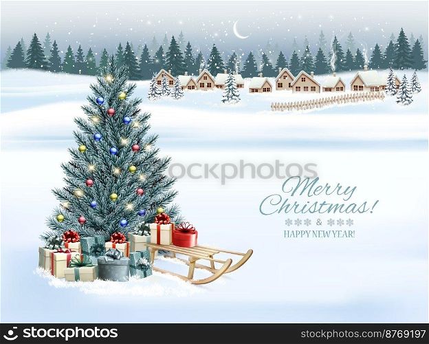 Holiday Christmas and Happy New Year background with a winter village and  a blue christmas tree, winter sledge and colorful presents. Vector. 