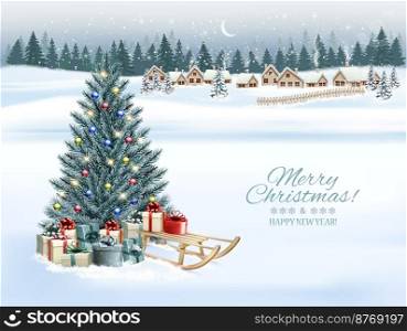 Holiday Christmas and Happy New Year background with a winter village and  a blue christmas tree, winter sledge and colorful presents. Vector. 