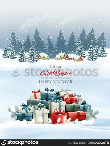Holiday Christmas and Happy New Year background with a winter village and christmas colorful presents. Vector.