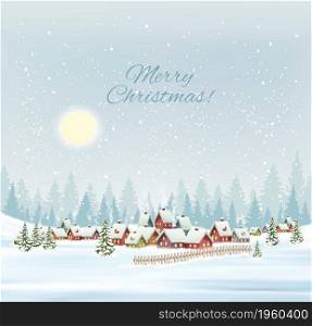 Holiday Christmas and Happy New Year background with a winter village and christmas trees. Vector.