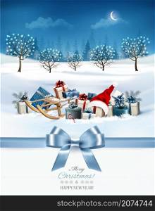 Holiday Christmas and Happy New Year background with evening landscape and christmas colorful presents with Santa hat. Vector