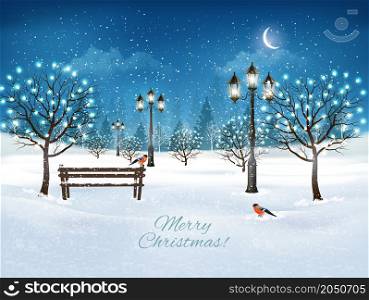 Holiday Christmas and Happy New Year background with evening landscape and trees with garland. Vector