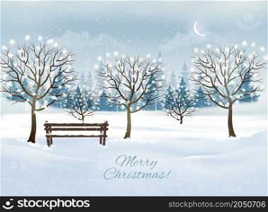 Holiday Christmas and Happy New Year background with evening landscape and trees with garland. Vector