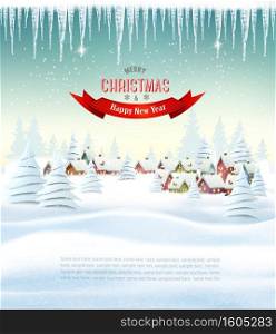 Holiday Christmas and Happy New Year background with landscape and winter village. Vector.