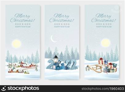 Holiday Christmas and Happy New Year banners with a winter village, sledge with presents and christmas trees. Vector.