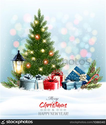 Holiday Christmas and New Year background with a colorful presents and winter tree with garland. Vector.
