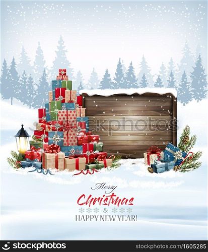 Holiday Christmas and New Year background with Christmas tree made out of colorful presents and wooden sign. Vector illustration