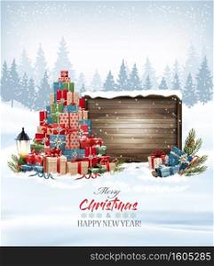 Holiday Christmas and New Year background with Christmas tree made out of colorful presents and wooden sign. Vector illustration