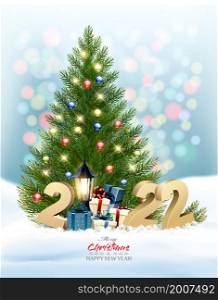 Holiday Christmas and New Year Background with Christmas tree with garland and a gold 2022. Vector.