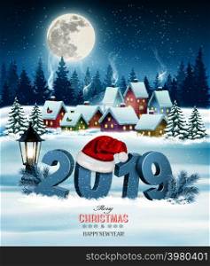 Holiday christmas background with 2019 and gift boxes and landscape. Vector