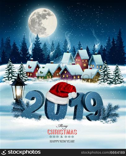 Holiday christmas background with 2019 and gift boxes and landscape. Vector