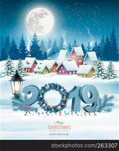 Holiday christmas background with 2019 and winter village. Vector