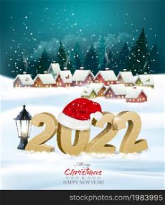 Holiday christmas background with 2022 and gift boxes and landscape with winter village. Vector