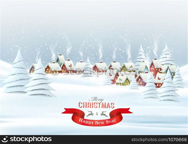 Holiday Christmas background with a a winter village and a white trees. Vector.