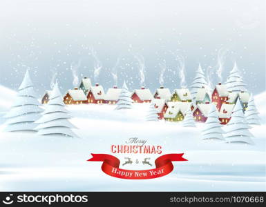 Holiday Christmas background with a a winter village and a white trees. Vector.