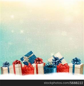 Holiday Christmas background with a border of gift boxes. Vector.