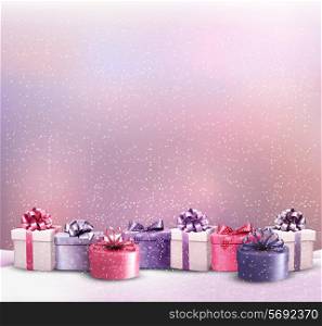 Holiday Christmas background with a border of gift boxes. Vector.