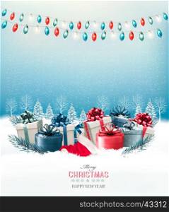Holiday Christmas background with a gift boxes and a garland. Vector.