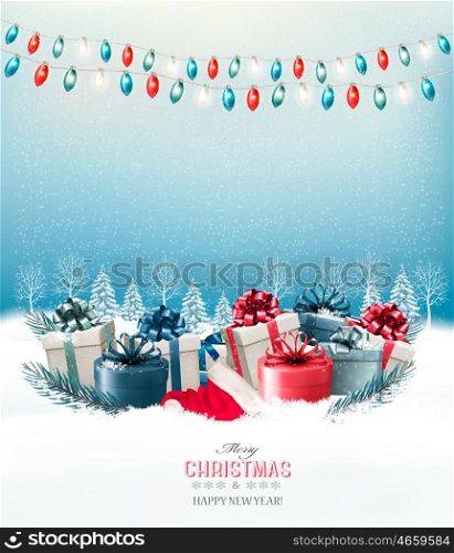 Holiday Christmas background with a gift boxes and a garland. Vector.