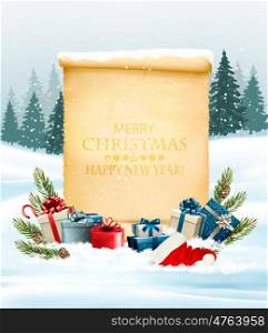 Holiday Christmas background with a gift boxes and old paper. Vector