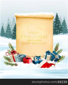 Holiday Christmas background with a gift boxes and old paper. Vector