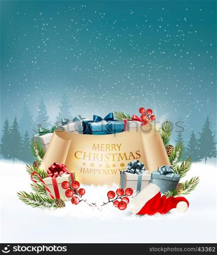 Holiday Christmas background with a gift boxes and Santa hat. Vector.